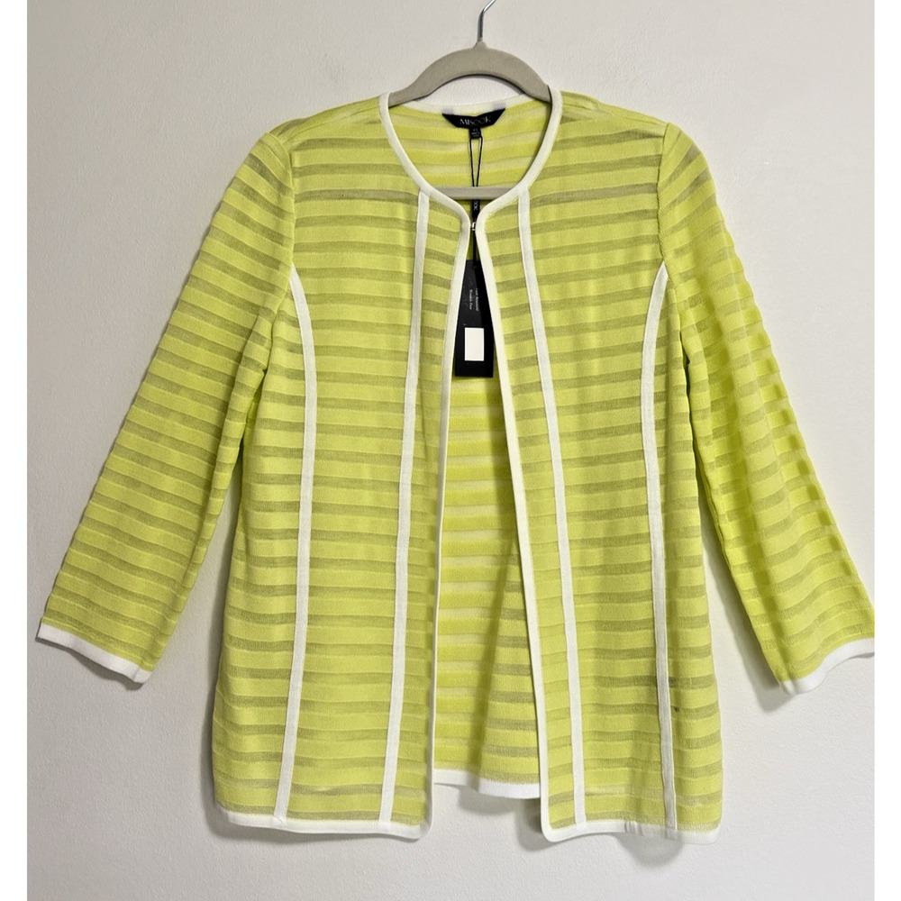 Misook Striped Knit Lime Green With White Trim Cardigan Jacket - XS - NWT - FLAW